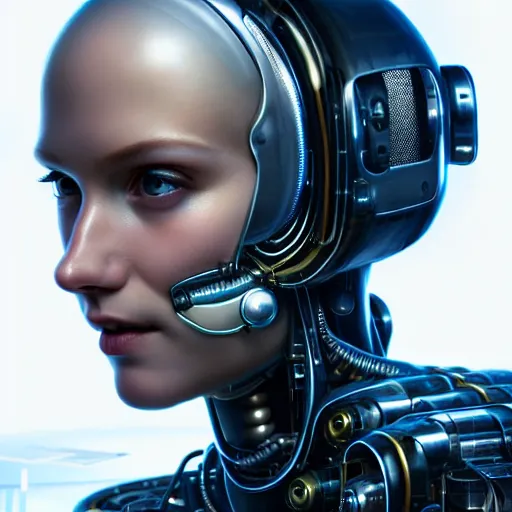 Image similar to centered portrait of an ultra detailed Mechanical Cyberpunk Female Android, looking into the camera!!, intricate, elegant, super highly detailed, professional digital painting, artstation, concept art, smooth, sharp focus, no blur, no dof, extreme illustration, Unreal Engine 5, Photorealism, 8k, cinematic, art by artgerm and greg rutkowski and alphonse mucha and loish and WLOP