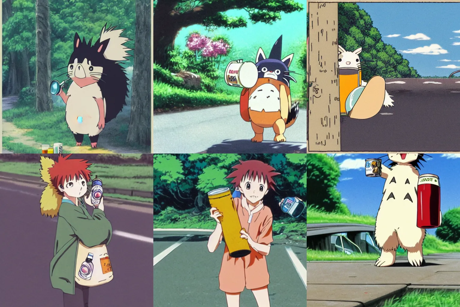 Prompt: anime key visual of the cutest anime pokemon skunk character, holding a can of beer, on the side of the road, next to a broken down vehicle, in my neighbor totoro ( 1 9 8 8 ) by hayao miyazaki