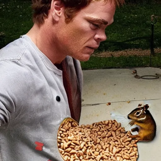 Image similar to dexter morgan feeding peanuts to the cutest chipmunk you ’ ve ever seen