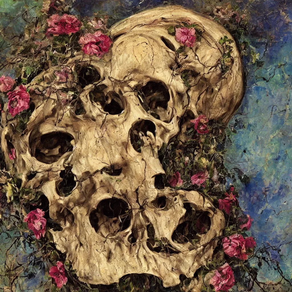 Prompt: Decaying cracked giant skull from which grow entangle vines and rich blooms, painted in the style of the old masters, painterly, thick heavy impasto, expressive impressionist style, painted with a palette knife