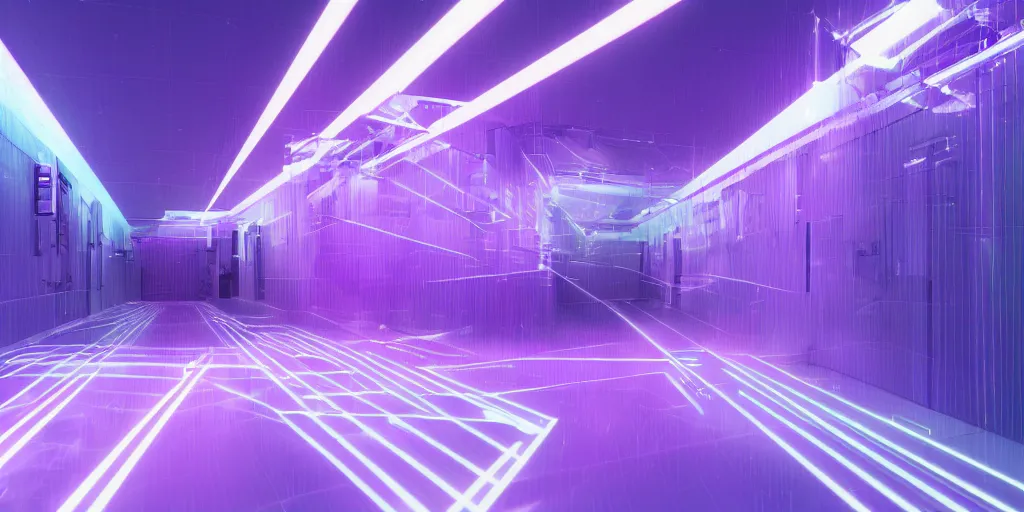Image similar to Blue and purple laser bouncing around a white hallway with purple reflections, vaporwave, Render, featured on CGSOCIETY