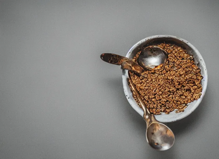 Prompt: dslr photograph of a bowl filled with rusty nails and metal parts with a spoon next to it, 8 5 mm f 1. 8