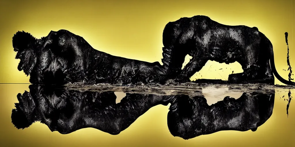 Image similar to the black lioness made of ferrofluid, dripping tar, drooling ferrofluid, crawling out of the air vent. dslr, photography, animal photography, goo, reflections, sticky, melting