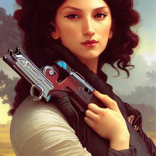 Image similar to a portrait painting of a gunslinger fantasy lady, highly detailed, art by tristan eaton and artgerm and william - adolphe bouguereau