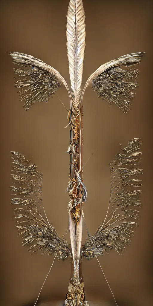 Image similar to beautiful physical detailed render of a sacred bow arms made of crystal, the style of louis comfort tiffany, pascal blanche, zigor samaniego, paul pepera, ellen jewett, weapon design, mechanics, weapon model, feather, wing, exquisite, metal, structure, c 4 d, 3 d render,, unreal engines, light effect, 4 k hd