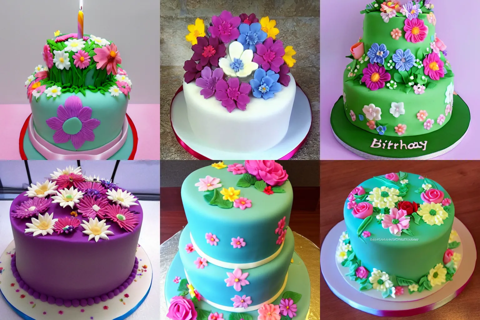 Prompt: a beautiful birthday cake covered in fondant flowers