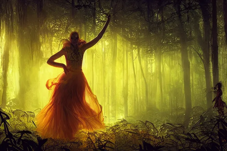 Prompt: A young woman in a yellow dress as shaman dancing in with spirits in a mystical forest of an exotic world, by Chiara Bautisya, annihilation movie, blade runner movie, in style of Laurie Greasley, Jen Bartel, Background by Tarmo Juhola, kowloon, cinematography Roger Deakins,