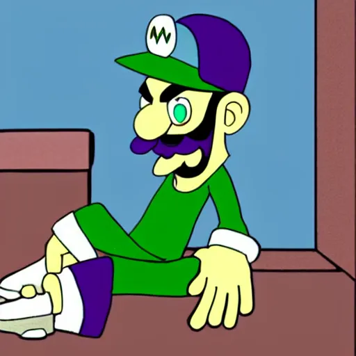 Prompt: waluigi sits alone, sad, contemplating his role in life, looking at a photo of luigi