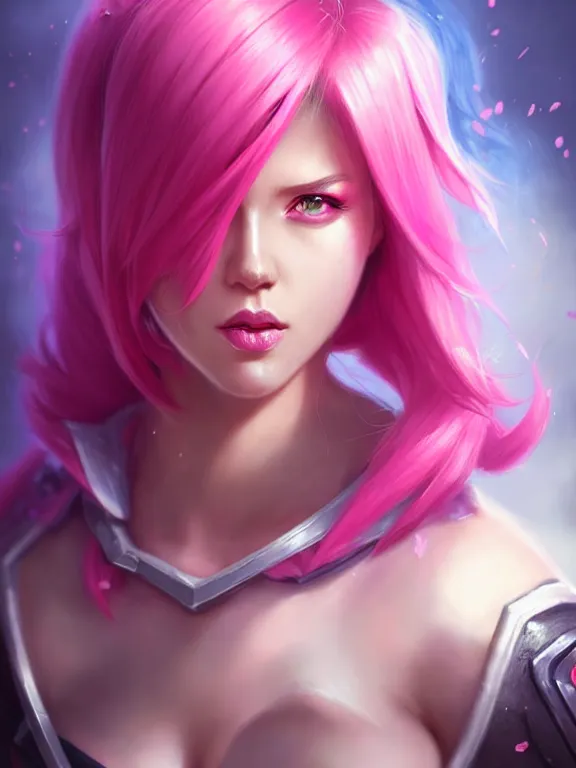 Image similar to a League of Legends FAN ART Portrait of VI, pink hair, short hait, elegant, highly detailed, digital painting, concept art, smooth, sharp focus, illustration, by Patrice murciano ,artstation,deviantart,Unreal Engine,face enhance,8K,golden ratio,cinematic lighting