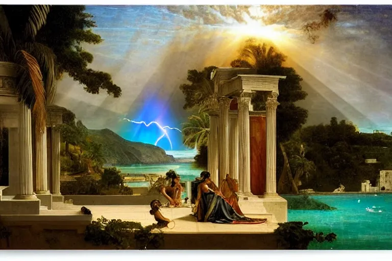 Image similar to mediterranean balustrade and columns, refracted lightnings on the ocean, thunderstorm, sun rays, greek pool, beach and Tropical vegetation on the background major arcana sky and occult symbols, by paul delaroche, hyperrealistic 4k uhd, award-winning, very detailed paradise