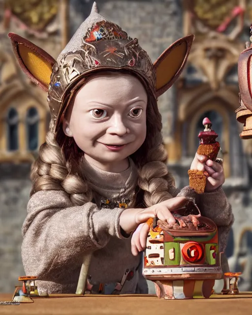 Image similar to highly detailed closeup, face profile portrait of a tin toy greta thunberg as a medieval goblin eating cakes in a castle, bikini, depth of field, nicoletta ceccoli, mark ryden, lostfish, dan decarlo, bob clampett, max fleischer, detailed and intricate environment, 8 k resolution, hyperrealistic, octane render