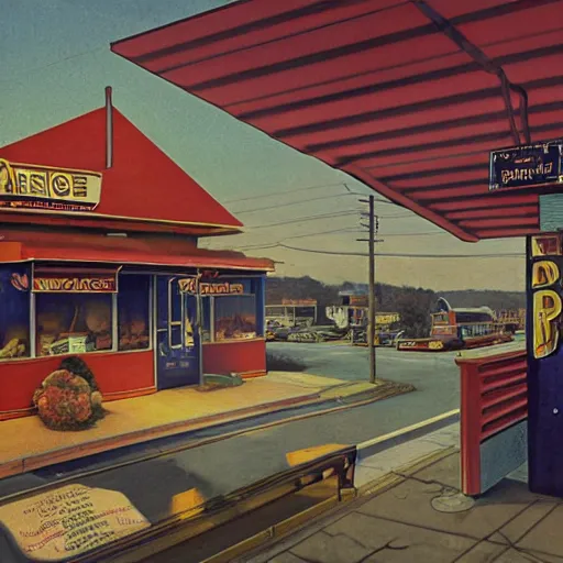 Image similar to a roadside diner open since the 7 0 s in ohio : with free coffee refills, daily specials, and a door you must never open, high quality high detail matte painting by david mattingly and norman rockwell and nc wyeth, hd, realistic, photorealistic lighting, composition and layout in the style of gregory crewdson, modern supernatural horror.