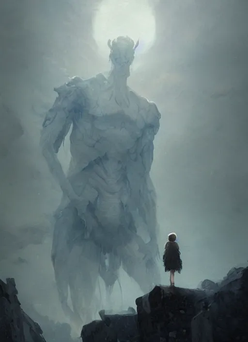 Image similar to a beautiful terrifying pale humanoid giant looms over a tiny human. ethereal fantasy art by greg rutkowski