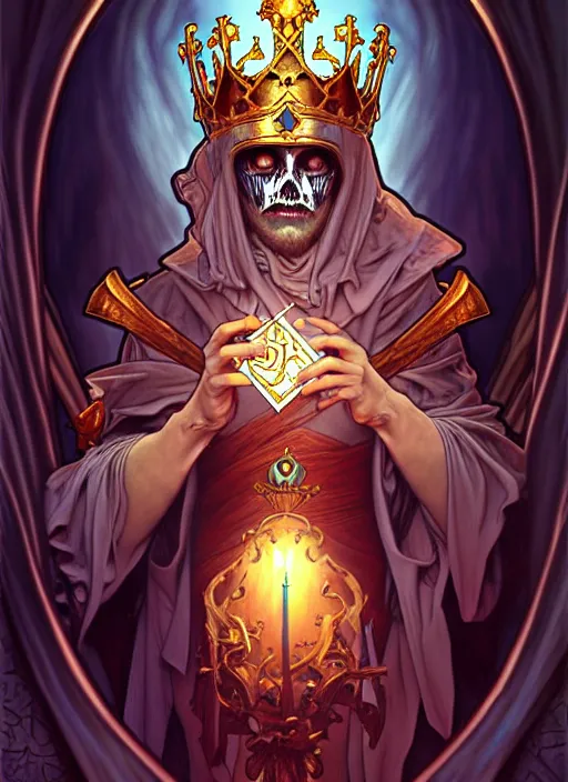 Image similar to undead king, tarot card, highly detailed, deep focus, elegant, digital painting, smooth, sharp focus, illustration, ultra realistic, 8 k, art by artgerm and alphonse mucha