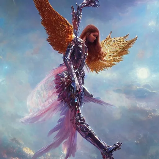 Prompt: UHD hyperrealistic photorealisitc, detailed cosmic Angel robot, with real wings, by Greg Rutkowski and Amano, tonalism, rich deep colors masterpiece