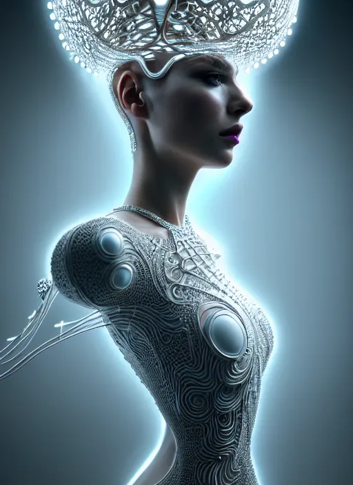 Prompt: portrait of an absurdly beautiful, graceful, sophisticated, fashionable futuristic woman, hyperdetailed illustration by irakli nadar and alexandre ferra, intricate linework, white porcelain skin, faberge, neon headdress, dark atmosphere, unreal engine 5 highly rendered, global illumination, radiant light, detailed and intricate environment