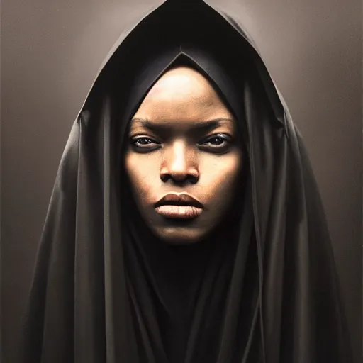 Image similar to a portrait of a young black woman wearing a long dark cloak, hood and shadows covering face, anatomically correct, beautiful perfect face, enigmatic, oil painting, matte painting, black background, Volumetric dynamic lighting, Highly Detailed, Cinematic Lighting, Unreal Engine, 8k, HD, by Beksinski