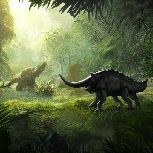 Image similar to triceratops walking through a jungle, atmosperic, dramatic lighting, trending on artstation, ark survival evolved