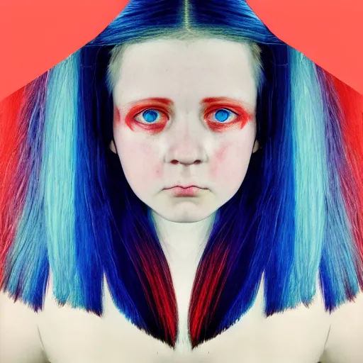Image similar to symmetrical portrait of a girl with split hair colouring, half blue and half red colour