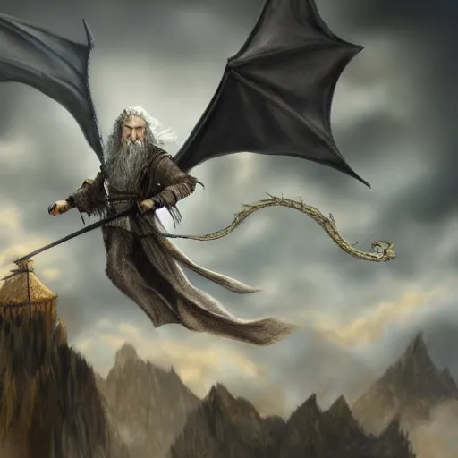 Image similar to gandalf flying on the back of smaug, lotr, highly detailed, digital art,