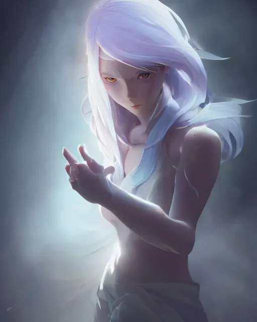 Image similar to a female ghost, translucent and scary looking, full shot, atmospheric lighting, detailed face, by makoto shinkai, stanley artgerm lau, wlop, rossdraws