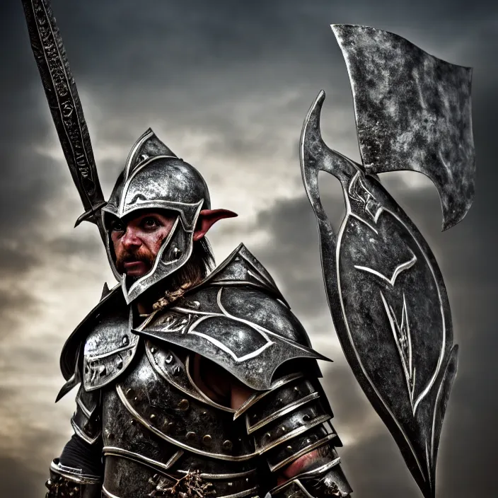 Image similar to photo of a warrior with metal elf orc hybrid themed armour, highly detailed, 4 k, hdr, smooth, sharp focus, high resolution, award - winning photo