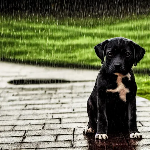 Image similar to a very sad puppy in the rain, lonely, scared, moody lighting