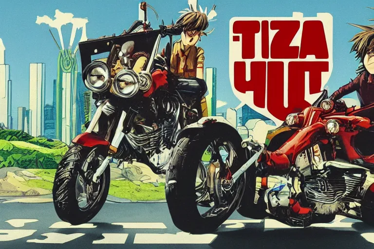 Image similar to pizza the hut, akira's motorcycle, gorillaz, poster, high quality