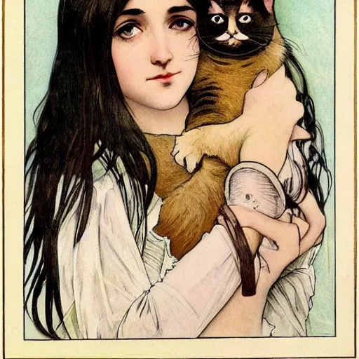 Prompt: cute emo german woman, with long dark hair, thick eyebrows!!! dark eyes and dark circles!, wide nose!!!, big eyes, oval face shape, big cheeks!, she is holding a cat in her arms, by juan villafuerte, greg rutkowski and alphonse mucha, pexels contest winner, high quality photo, hd rtx