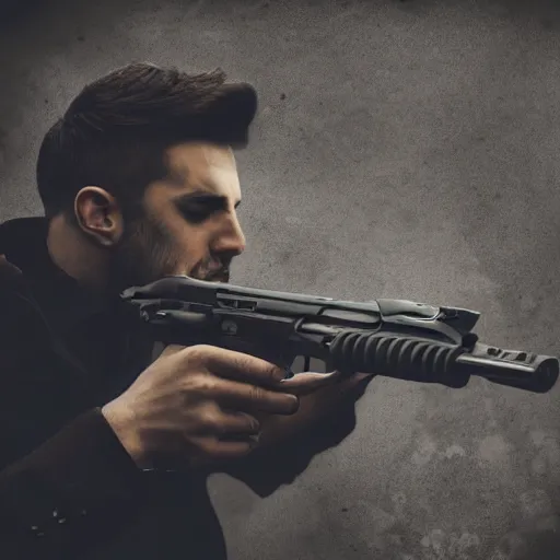 Prompt: man kissing a gun, ultra realistic, digital art, gothic, rich deep colors, smooth shadows, high resolution, cinematic