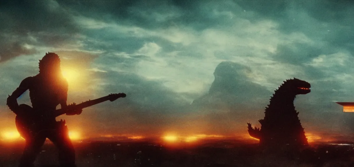 Image similar to The wide shot of Godzilla playing on guitar while aliens destructs the night city, UFO on the horizon line, by Lubezki, Christopher Doyle and David Lynch, anamorphic 35 mm lens, cinematic, anamorphic lens flares 4k