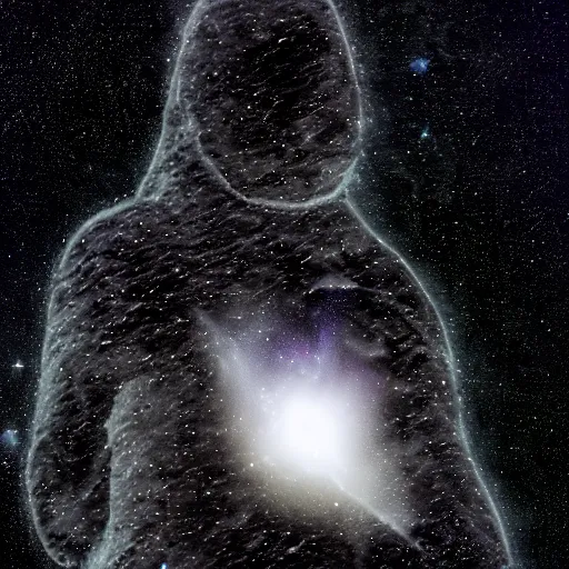 Prompt: Cosmic entity made of pitch black void with white, robe-like material, face uncovered with no features, stood against the background of deep space full of stars and nebulae, viewed from medium distance away so the full figure is visible, 8K cinematic shot