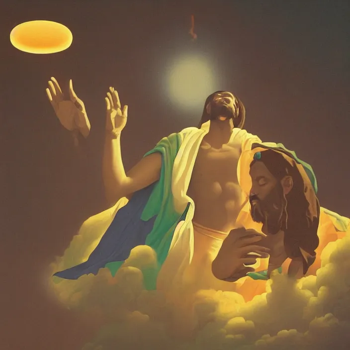 Image similar to UFO hovering over an African Jesus ,painting by Hsiao-Ron Cheng,