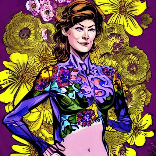 Prompt: rosamund pike with dark - hair as the doctor, wearing a colourful floral pattern three - piece suit, complementary colours, 2 d matte, graphic novel, art by joe madureira and alan davis,