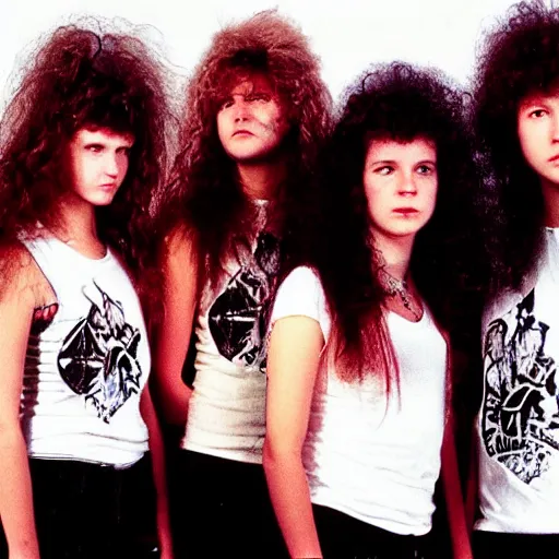 Prompt: Group of 19-year-old women holding electric guitars, long shaggy hair, permed hair, thrash metal, heavy metal, band promo photo, 1987 photograph