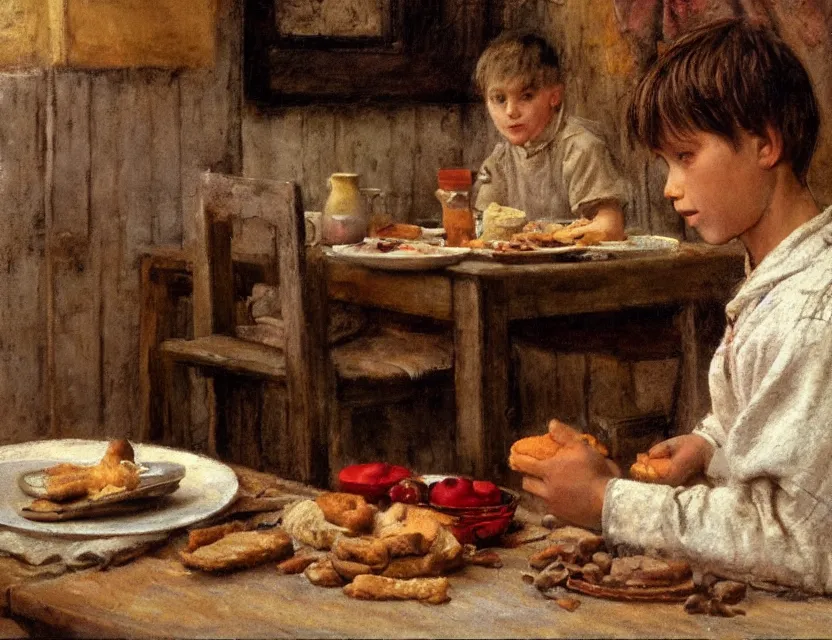 Prompt: portrait of little peasant boy sitting infront of table with bread, cottage core, cinematic focus, polaroid photo bleached vintage pastel colors high - key lighting, soft lights, foggy, by steve hanks, by lisa yuskavage, by serov valentin, by tarkovsky, 8 k render, detailed, oil on canvas