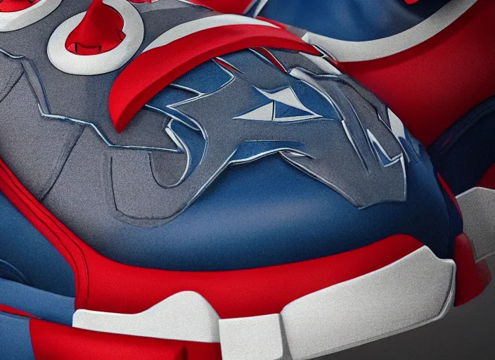 Image similar to sneakers of captain america by tim burton, view from the side, render, cinema 4 d, octane render