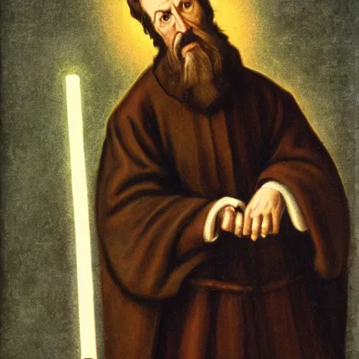 Image similar to the theologian John Calvin holding a lightsaber