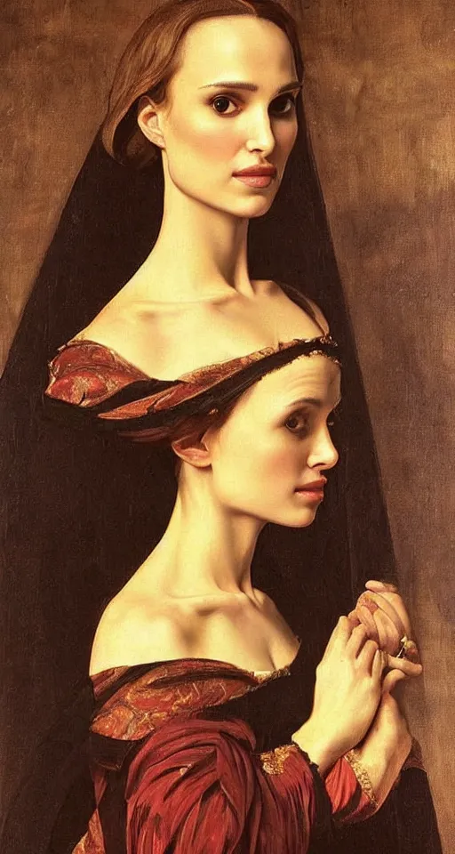 Image similar to a portrait of a Natalie Portman , beautiful clothes, oil painting in a renaissance style , very detailed, painted by Caravaggio.