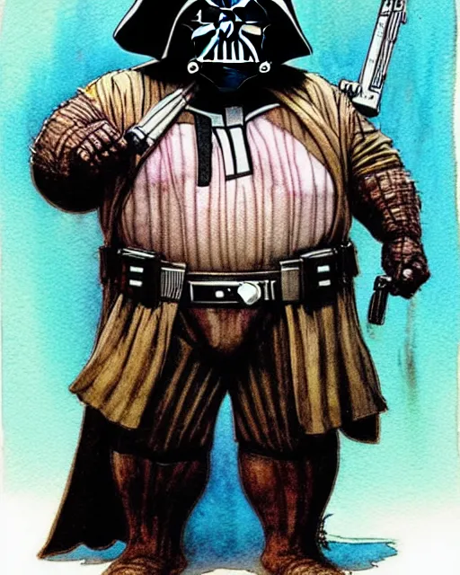 Image similar to a realistic and atmospheric watercolour fantasy character concept art portrait of a fat, chibi darth vader with pink eyes wearing a wife beater and holding a gun. by rebecca guay, michael kaluta, charles vess and jean moebius giraud