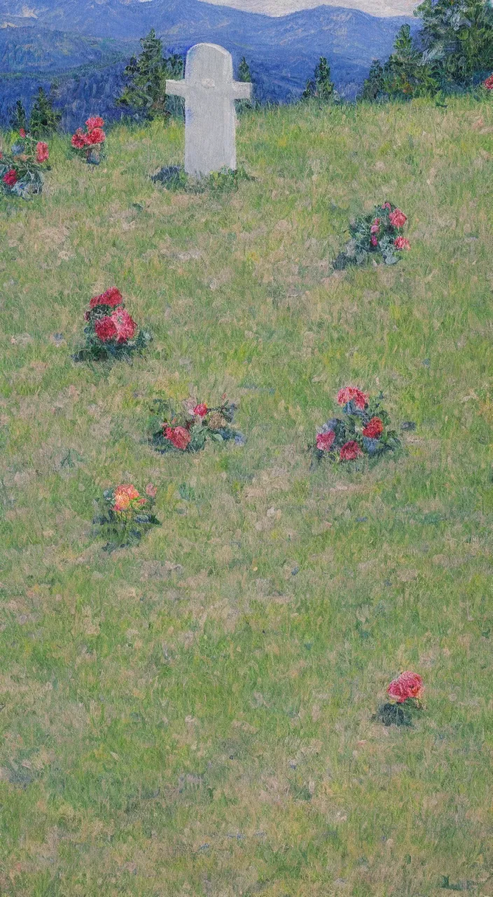 Prompt: highly detailed impressionist painting of sword marking grave on mountain top