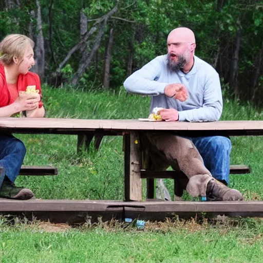 Prompt: 2 bears sitting at a picnic table