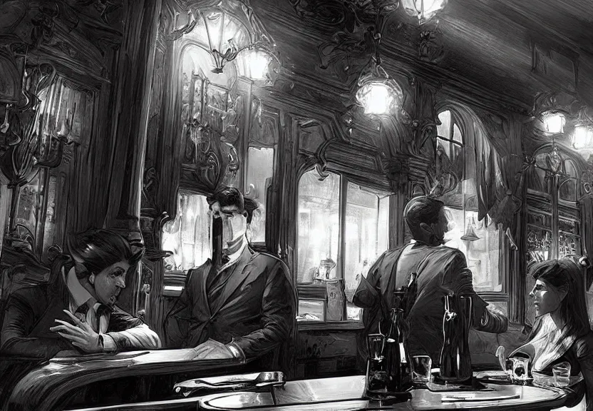 Image similar to the devil demon and a handsome Frenchman sitting in a Irish pub, film noir style, black and white and red colors, establishing shot, highly detailed, digital painting, artstation, concept art, smooth, sharp focus, illustration, Unreal Engine 5, 8K, art by artgerm and greg rutkowski and alphonse mucha