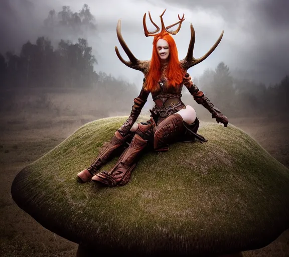 Image similar to a photo of an armored woman warrior redhead with antlers sitting facing backwards on a giant mushroom that covers a whole village and reaches above the clouds by luis royo. intricate. lifelike. soft light. sony a 7 r iv 5 5 mm. cinematic post - processing