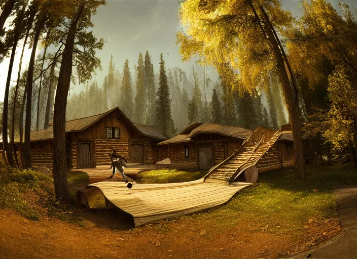 Image similar to a detailed beautiful matte painting of a skateboarder, kick flip, fantasy Riverwood village from The Elder Scrolls V: Skyrim, log homes, dirt road, trees by Mikko Lagerstedt and Raphael Lacoste, fisheye lens