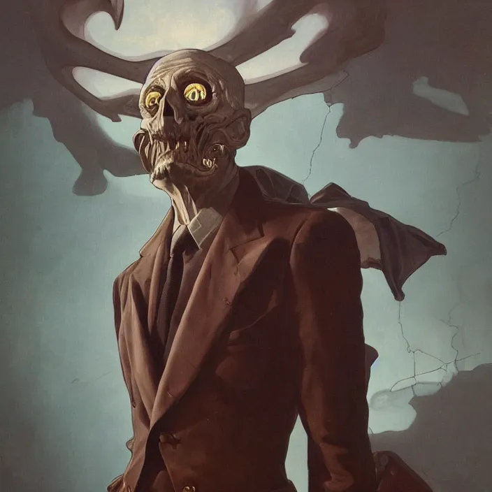 Prompt: excellent painted portrait of a terrifying evil inhuman shadowy monster in a 1940s vintage suit, high quality painting, 8k resolution, trending on artstation, octane render, art by artgerm and greg rutkowski and alphonse mucha and craig mullins and James Jean and Andrei Riabovitchev and Marc Simonetti and peter mohrbacher, sharp focus, smooth