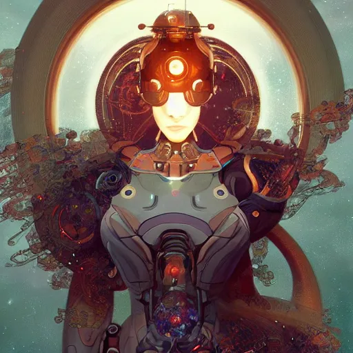 Image similar to an anthropomorphic artificial intelligence floating in universe, female, machine, intricate, highly detailed, digital painting, artstation, concept art, smooth, sharp focus, illustration, unreal engine 5, 8 k, art by artgerm and greg rutkowski and alphonse mucha