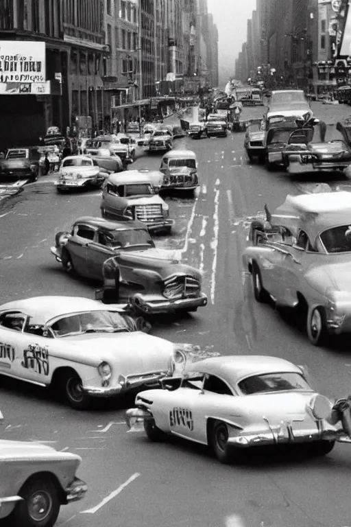 Image similar to a car chase in new york in the 5 0 s