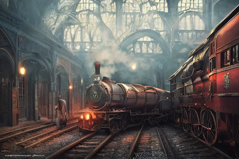 Image similar to some wizard waiting in hogwart train station in quiet dark city, hyper detailed, orange red blue tones dramatic lighting, cgsociety, realistic, hyper detailed, insane details, intricate, dramatic lighting, hypermaximalist, golden ratio, rule of thirds, octane render, weta digital, micro details, ultra wide angle, artstation trending, 8 k,