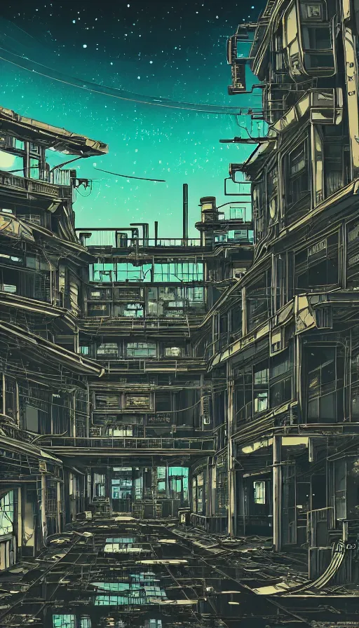 Prompt: a beautiful very detailed anime illustration of tavern industrial architecture architecture building city abandoned urbex by etel adnan, retrowave tundra cyberpunk synthwave made of glass apocalyptic lake clear night bladerunner 2 0 4 9 steampunk morning sun at dawn vaporwave alien scumm bar, archdaily, wallpaper, highly detailed, trending on artstation.